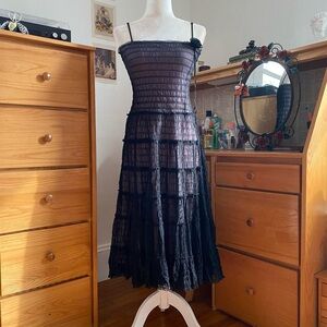 Vintage Light Pink With Black Mesh Overlay Midi Goth Dress Gown